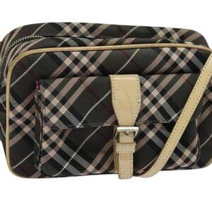 Plaid Crossbody Camera Bag with Beige Trim and Buckle Front
